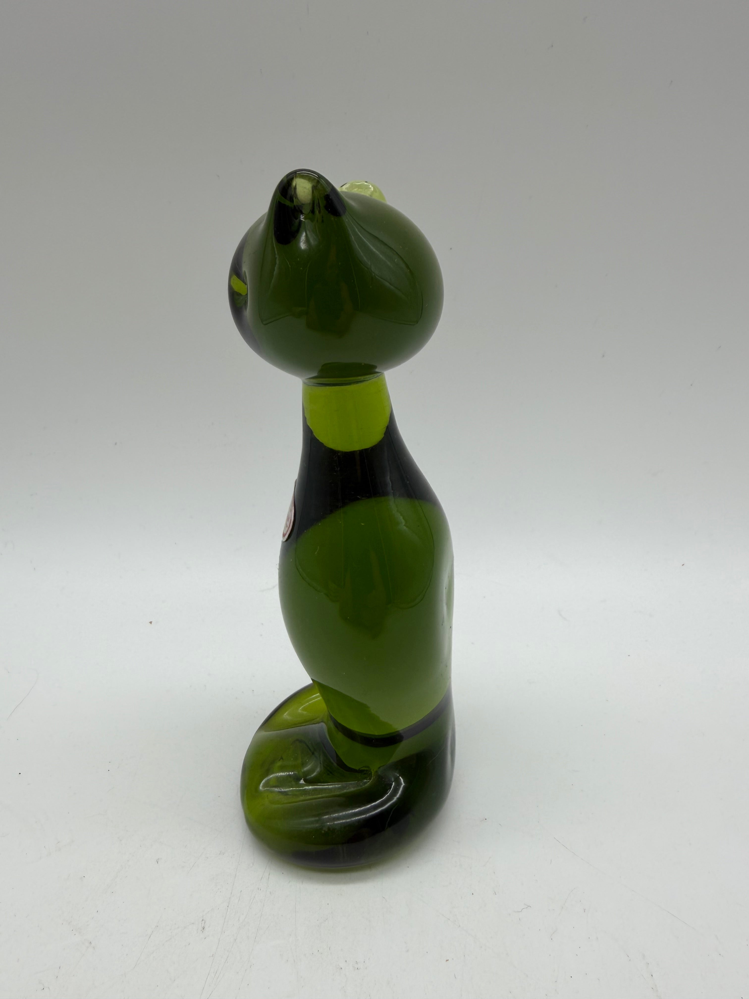 6” Rainbow Art Glass Dark Green Sitting Cat Figurine MCM