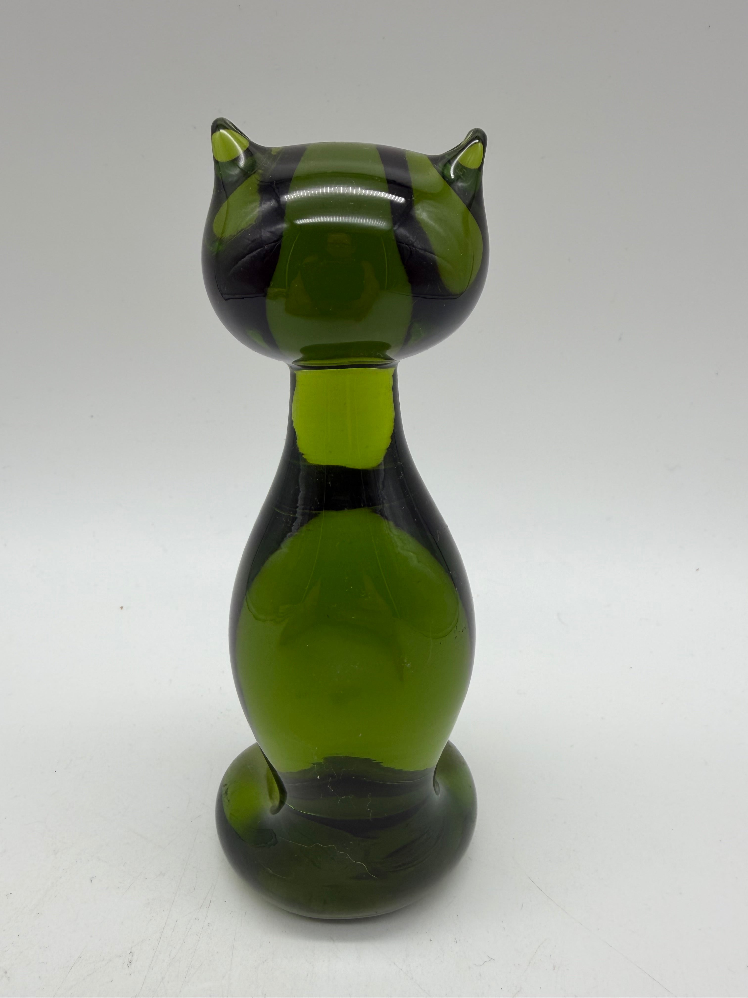 6” Rainbow Art Glass Dark Green Sitting Cat Figurine MCM