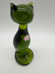 6” Rainbow Art Glass Dark Green Sitting Cat Figurine MCM