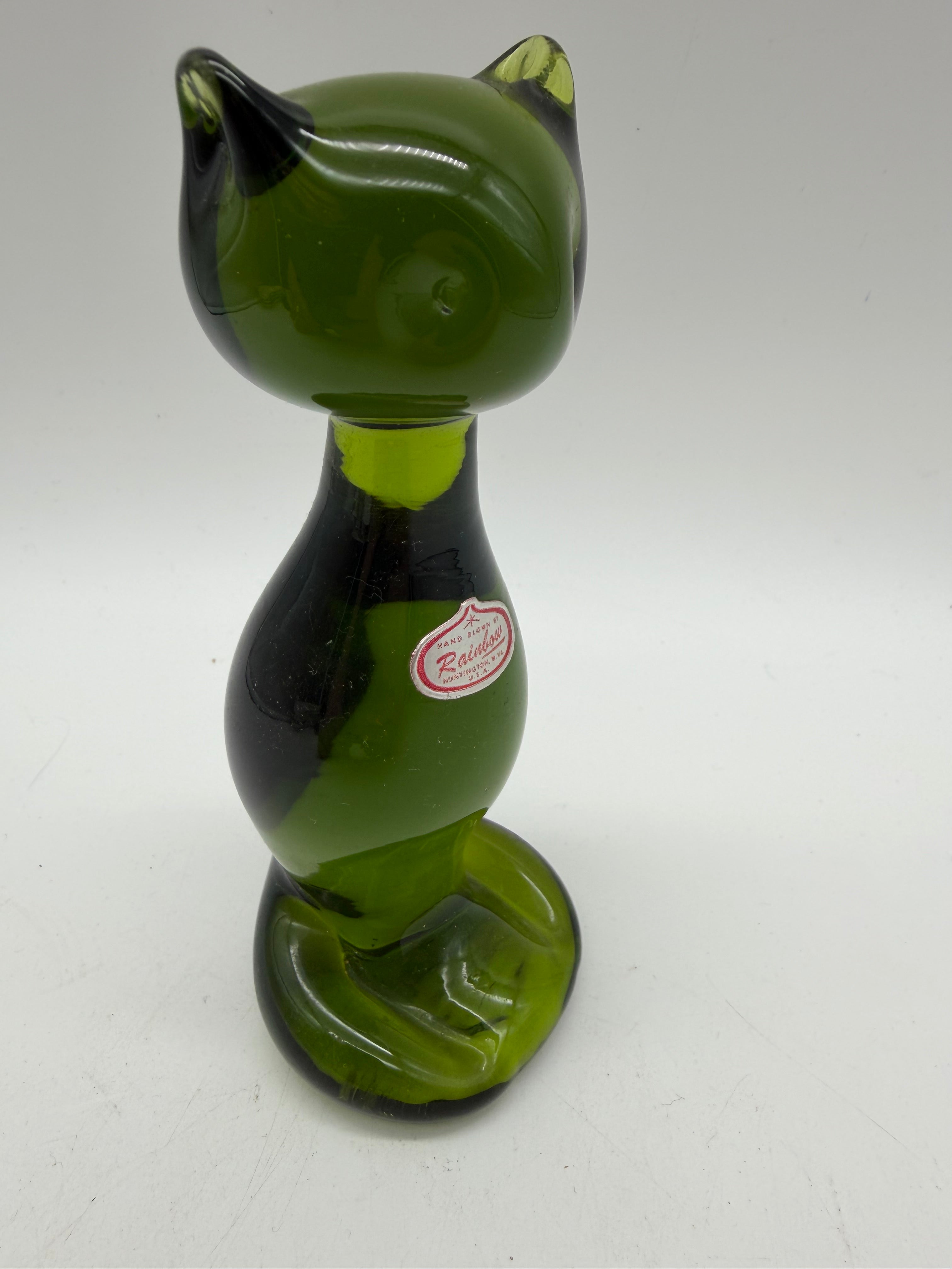 6” Rainbow Art Glass Dark Green Sitting Cat Figurine MCM