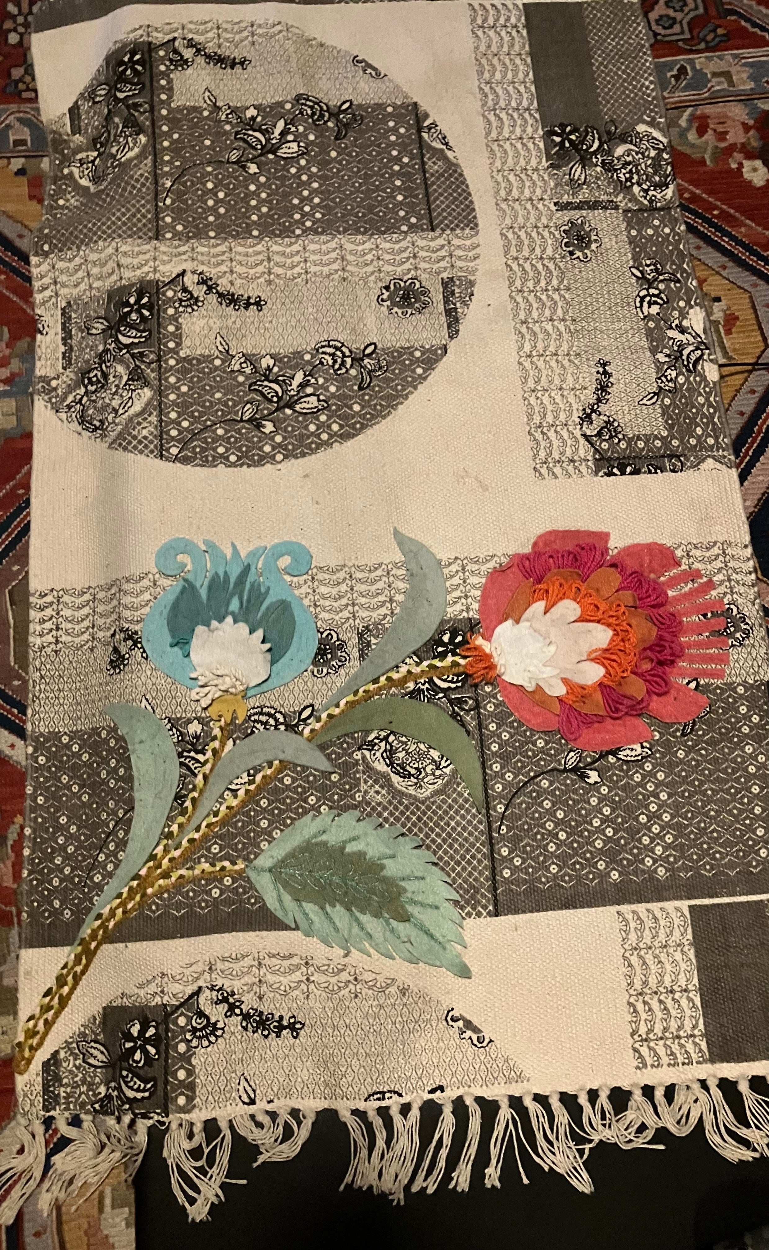 Vintage Patchwork Geometric Woven Rug with 3D Flower Applique