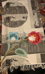 Vintage Patchwork Geometric Woven Rug with 3D Flower Applique
