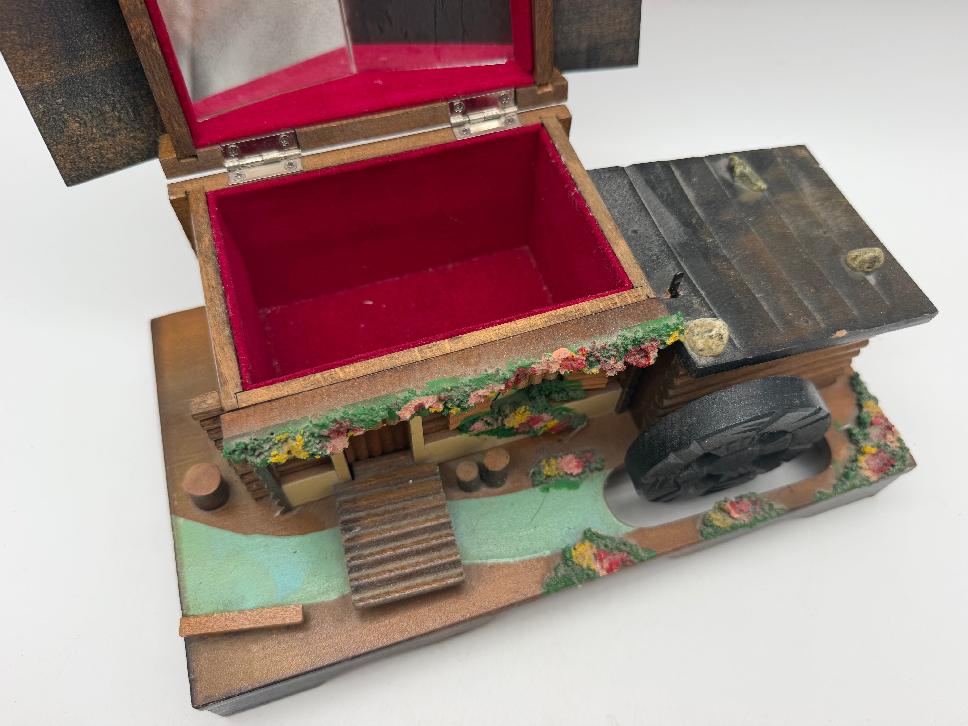 10” Cabin Music Jewelry Music Box Rotating Water Wheel Japan