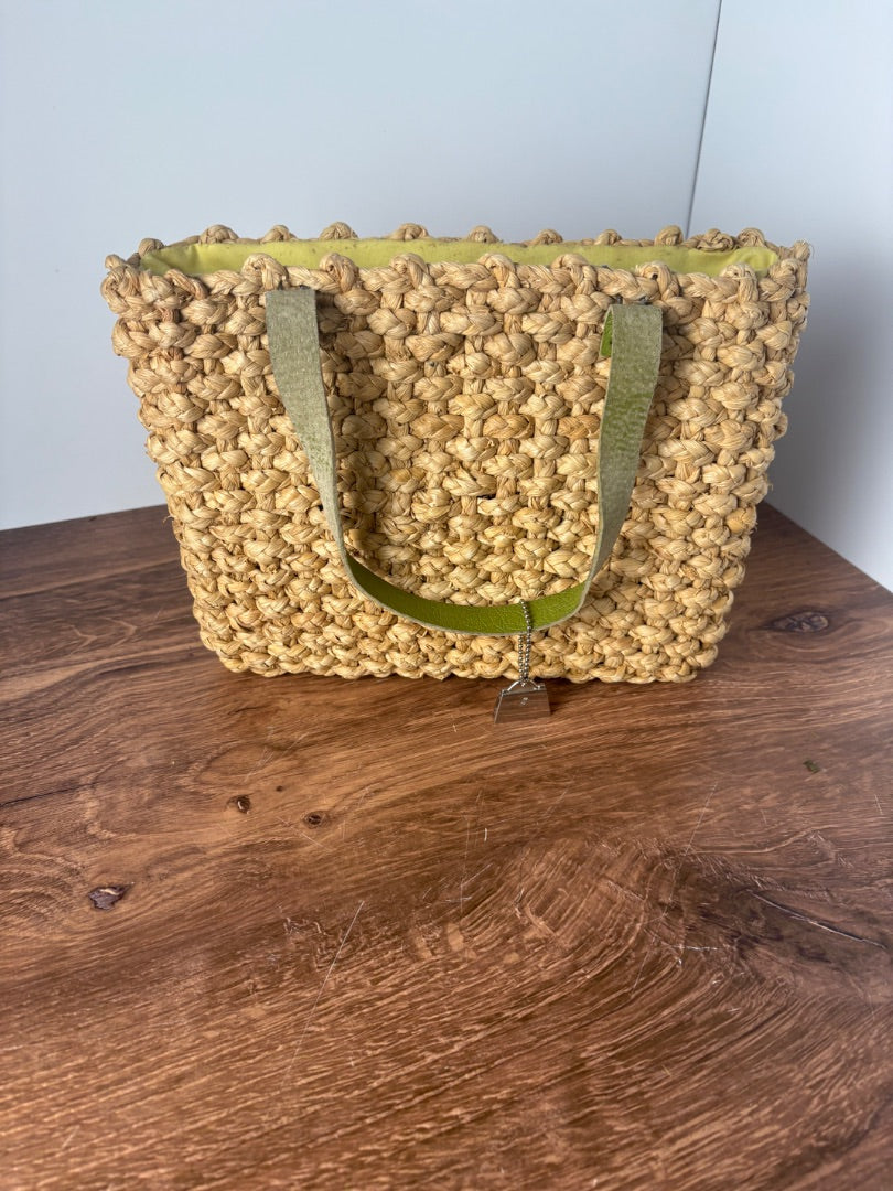 Jeanne Lotte Straw Bag W Green Leather Handles