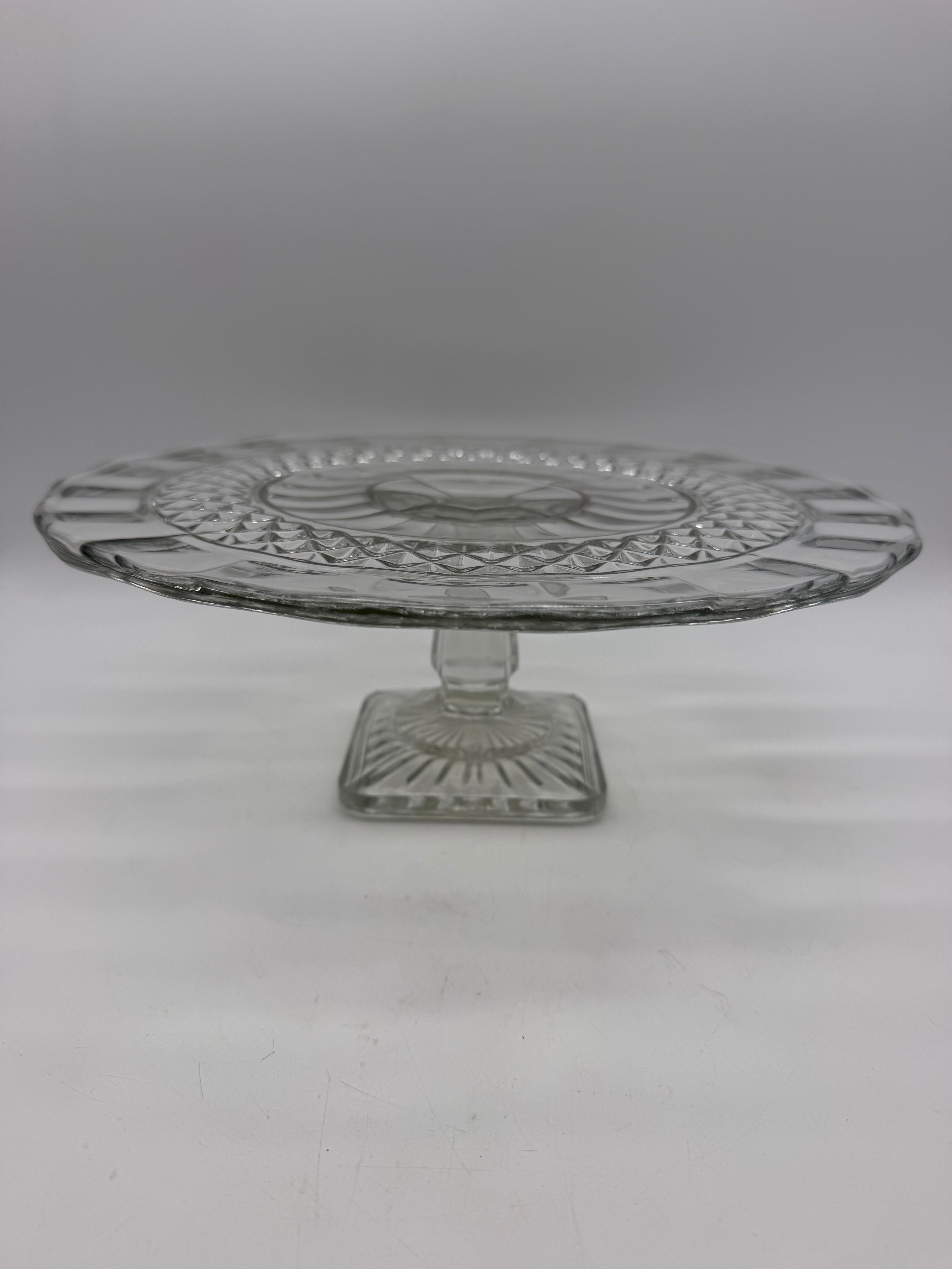 12” pressed glass diamond cut hobnail cake stand