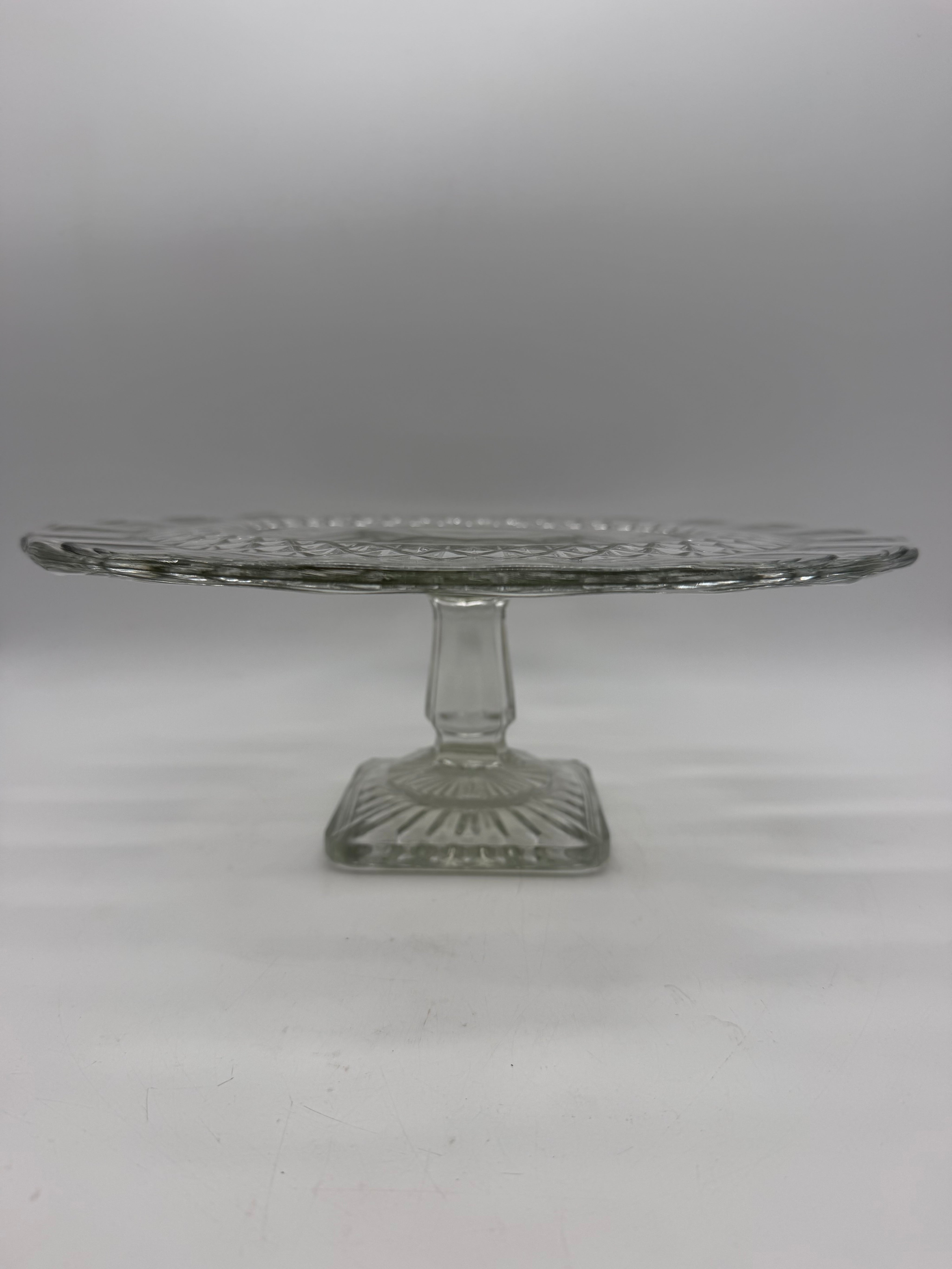 12” pressed glass diamond cut hobnail cake stand