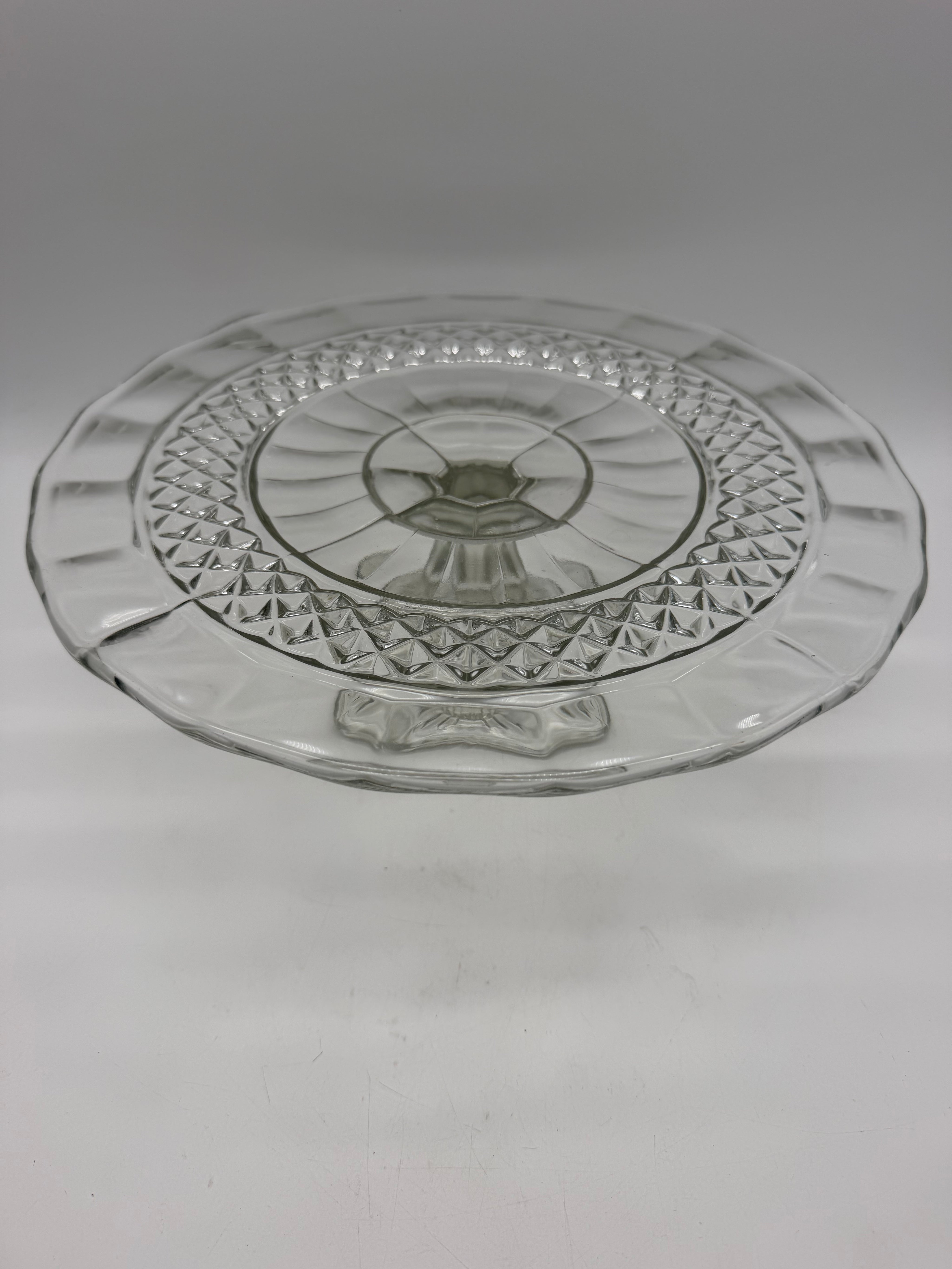12” pressed glass diamond cut hobnail cake stand