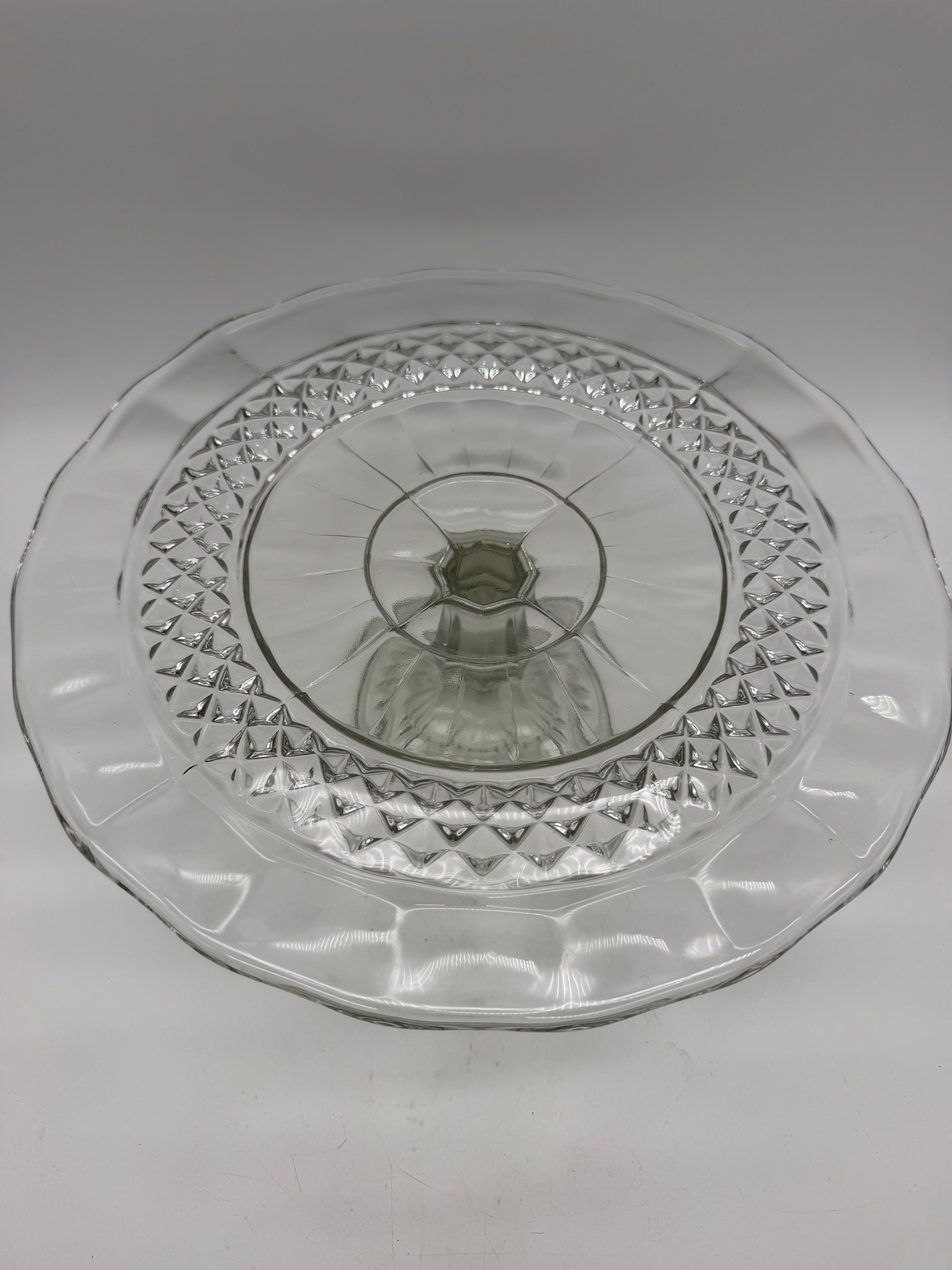 12” pressed glass diamond cut hobnail cake stand