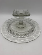 12” pressed glass diamond cut hobnail cake stand