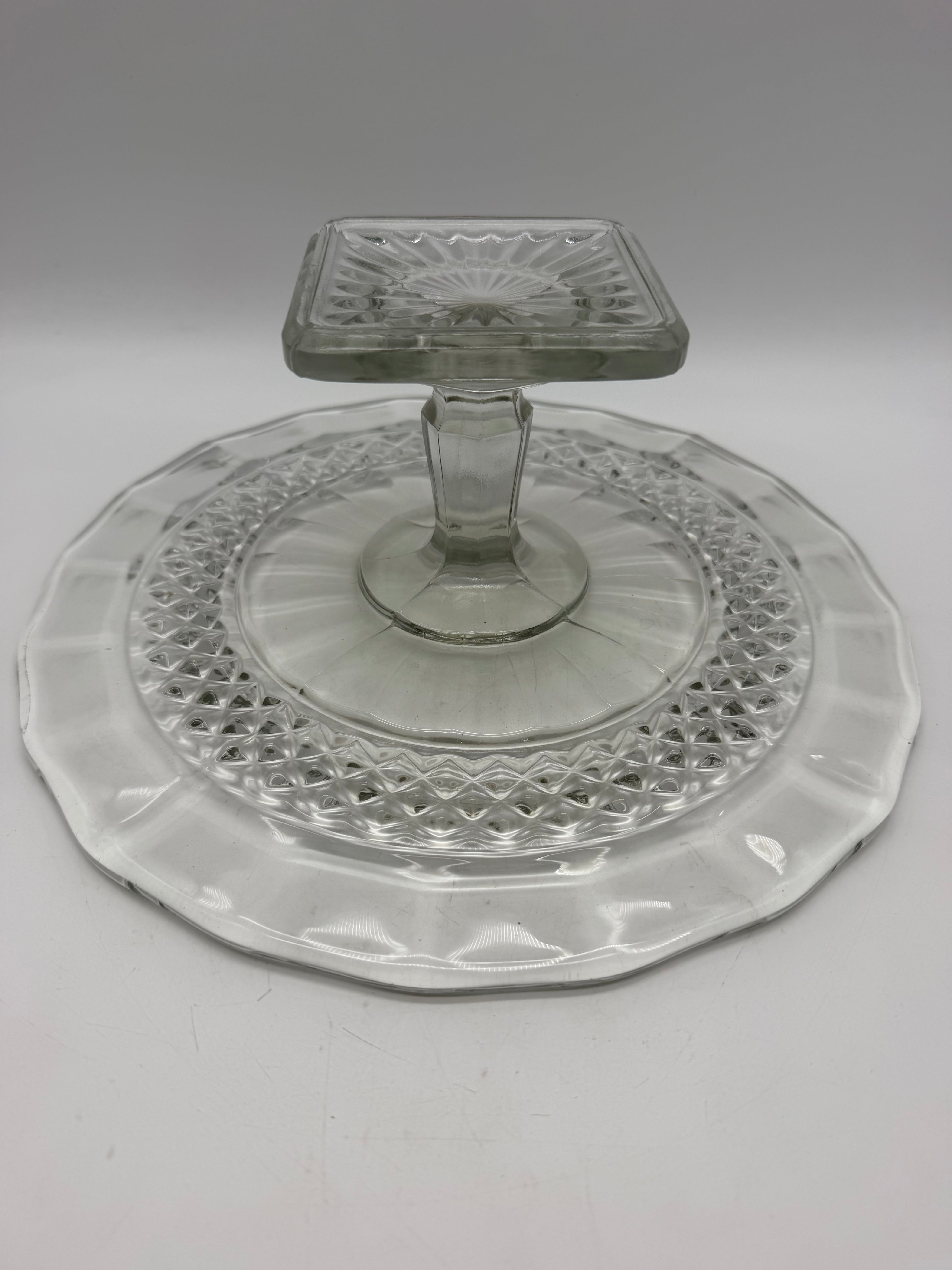 12” pressed glass diamond cut hobnail cake stand