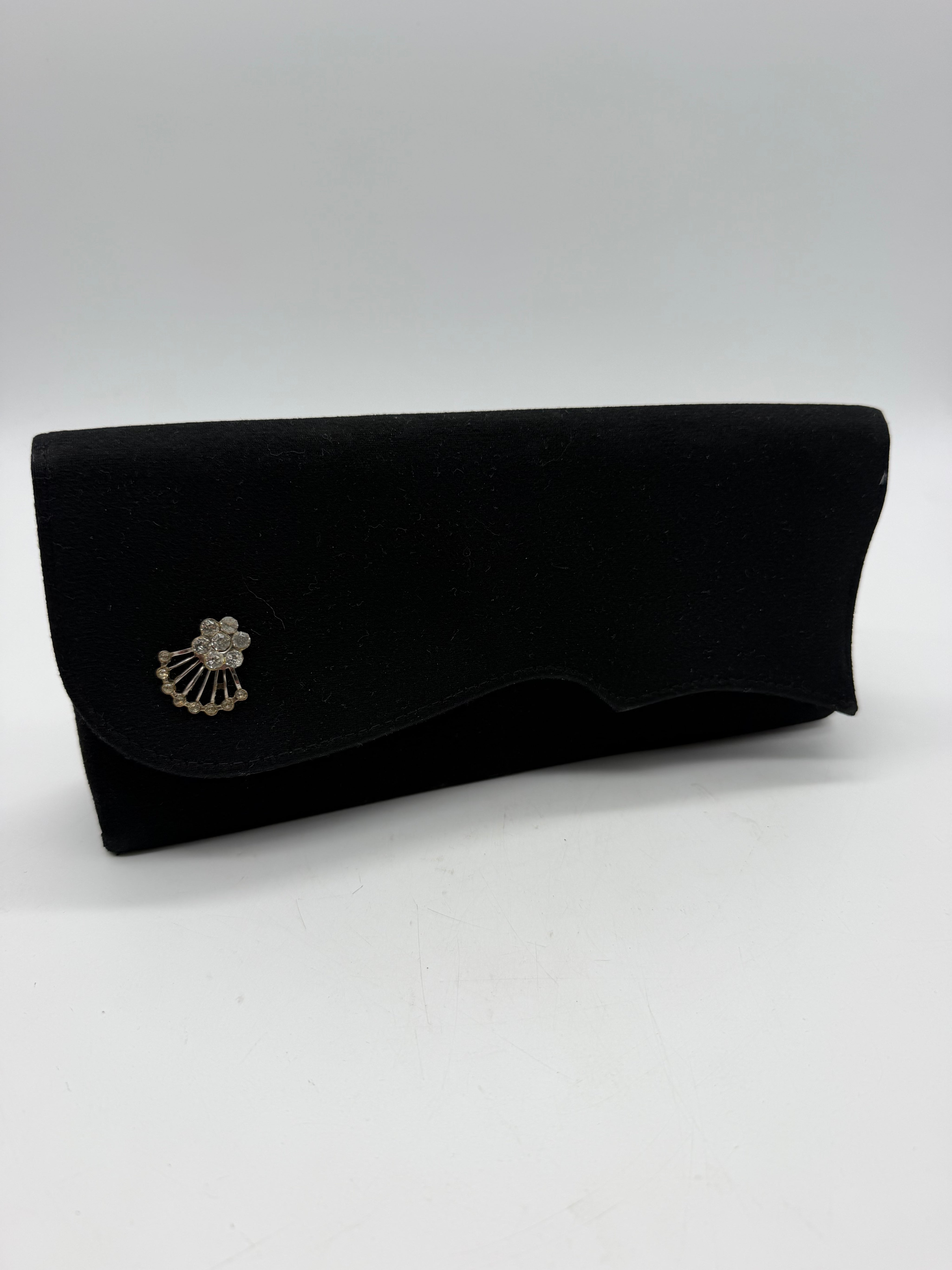 9” black 1940’s clutch purse rhinestone pin