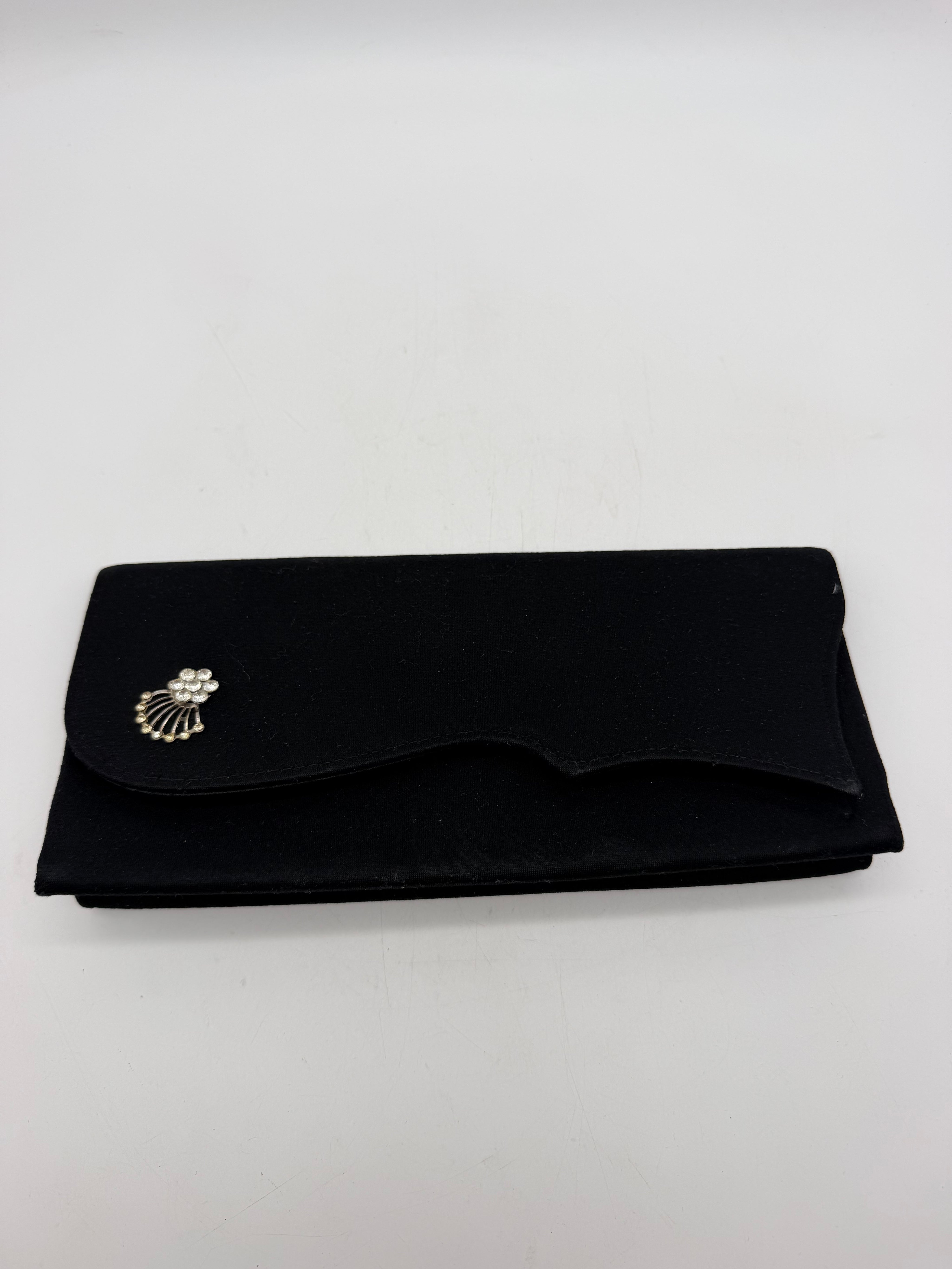 9” black 1940’s clutch purse rhinestone pin