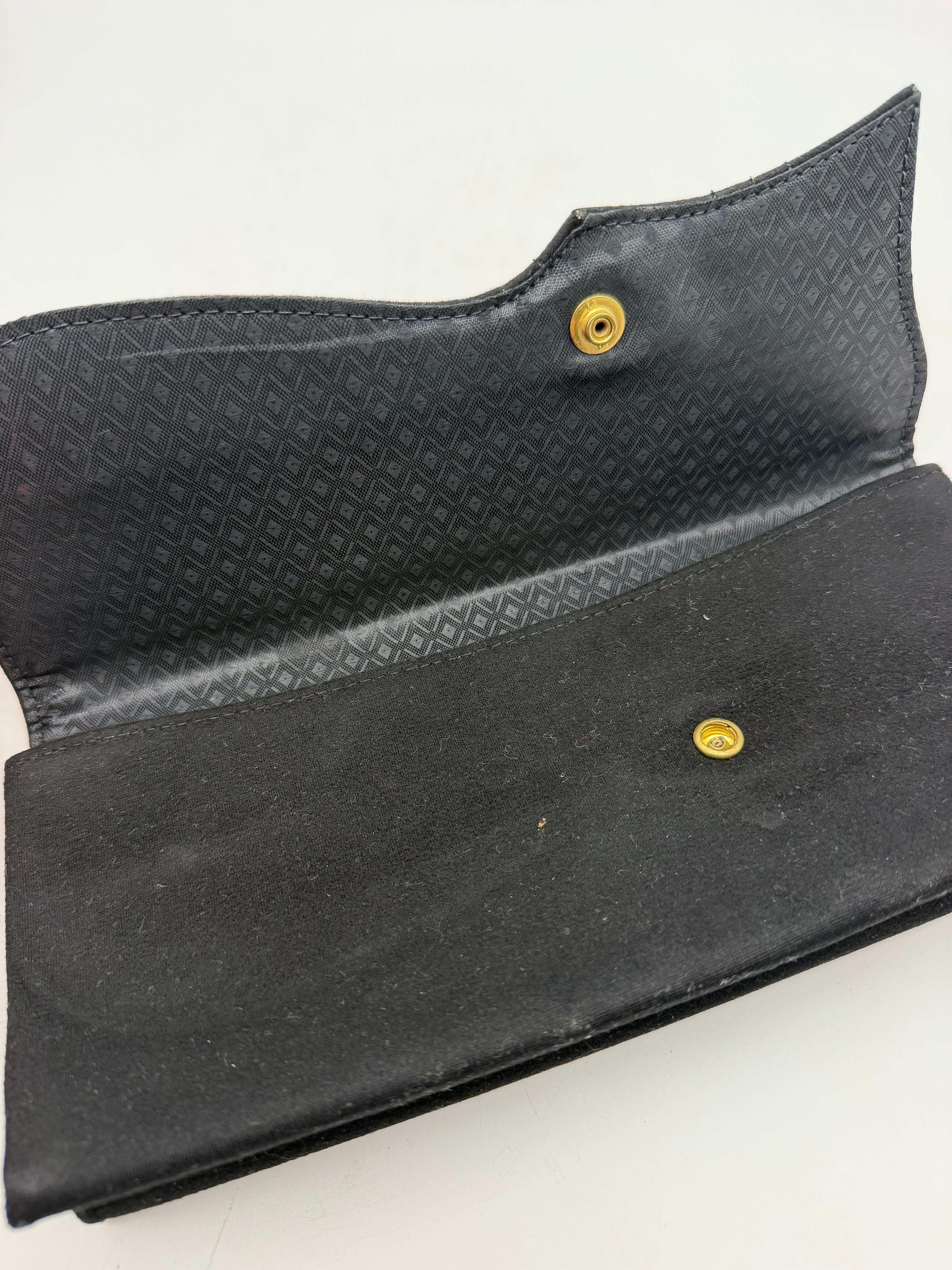 9” black 1940’s clutch purse rhinestone pin