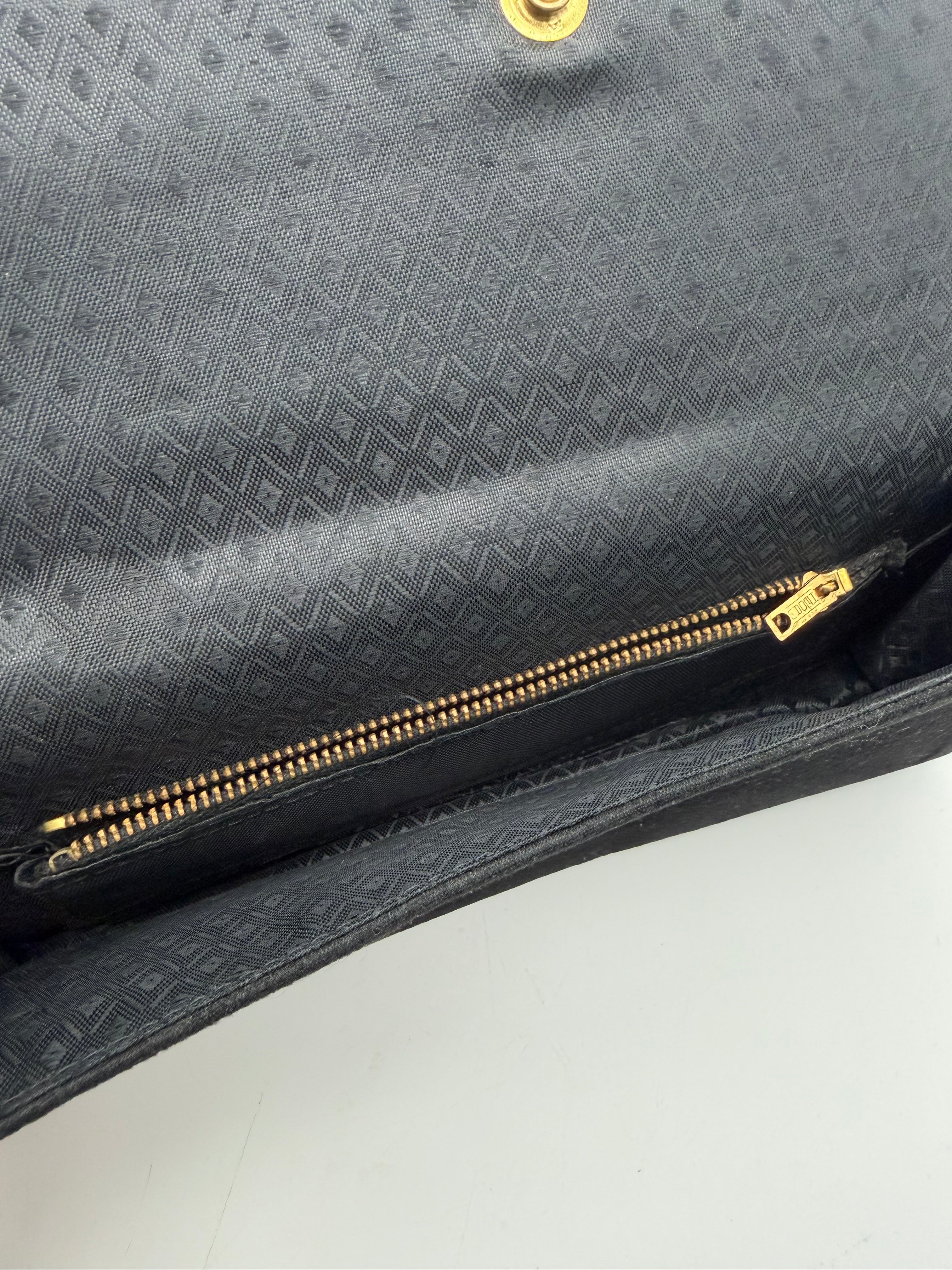 9” black 1940’s clutch purse rhinestone pin