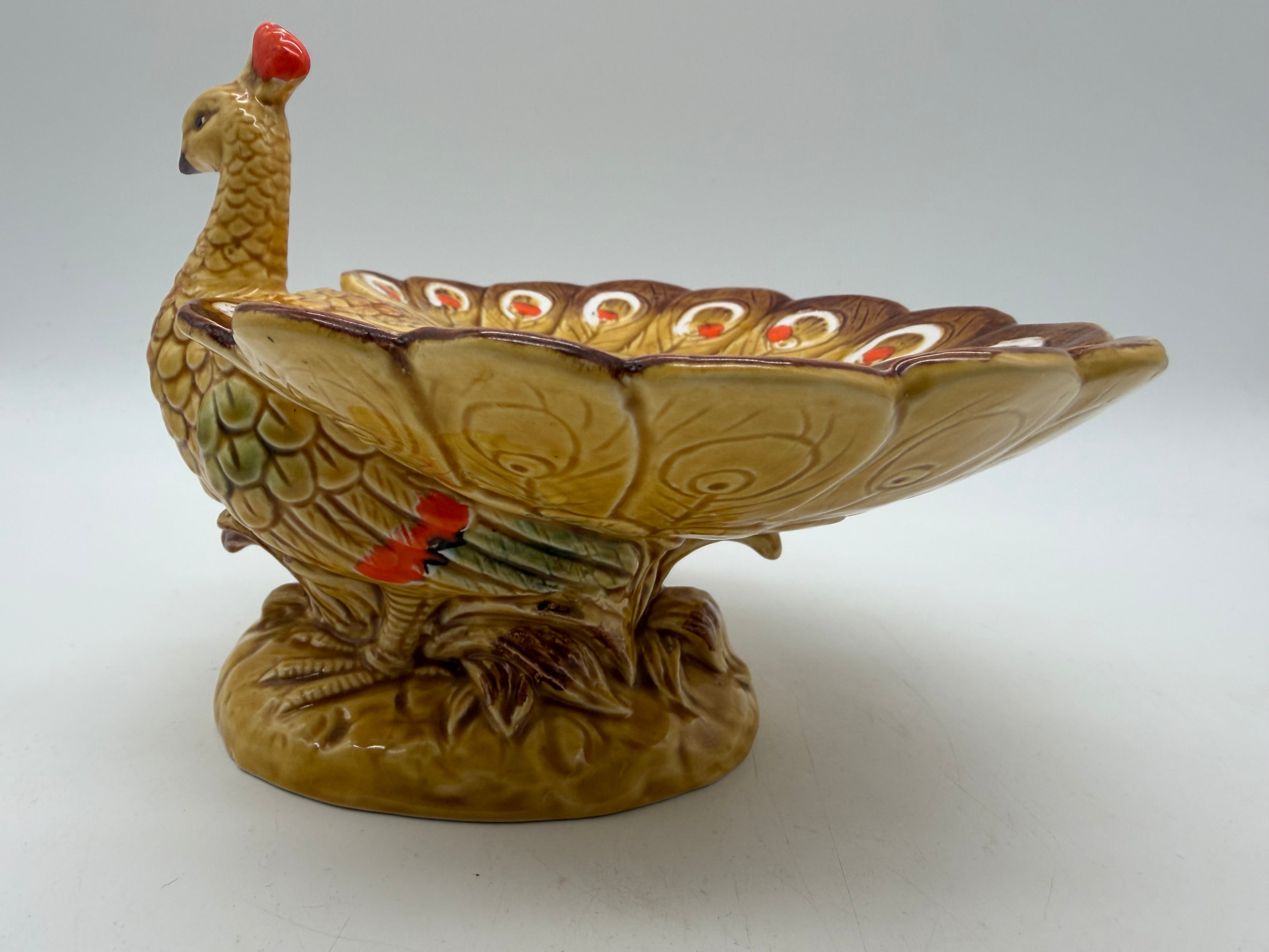 8” Peacock Trinket dish brown yellow orange