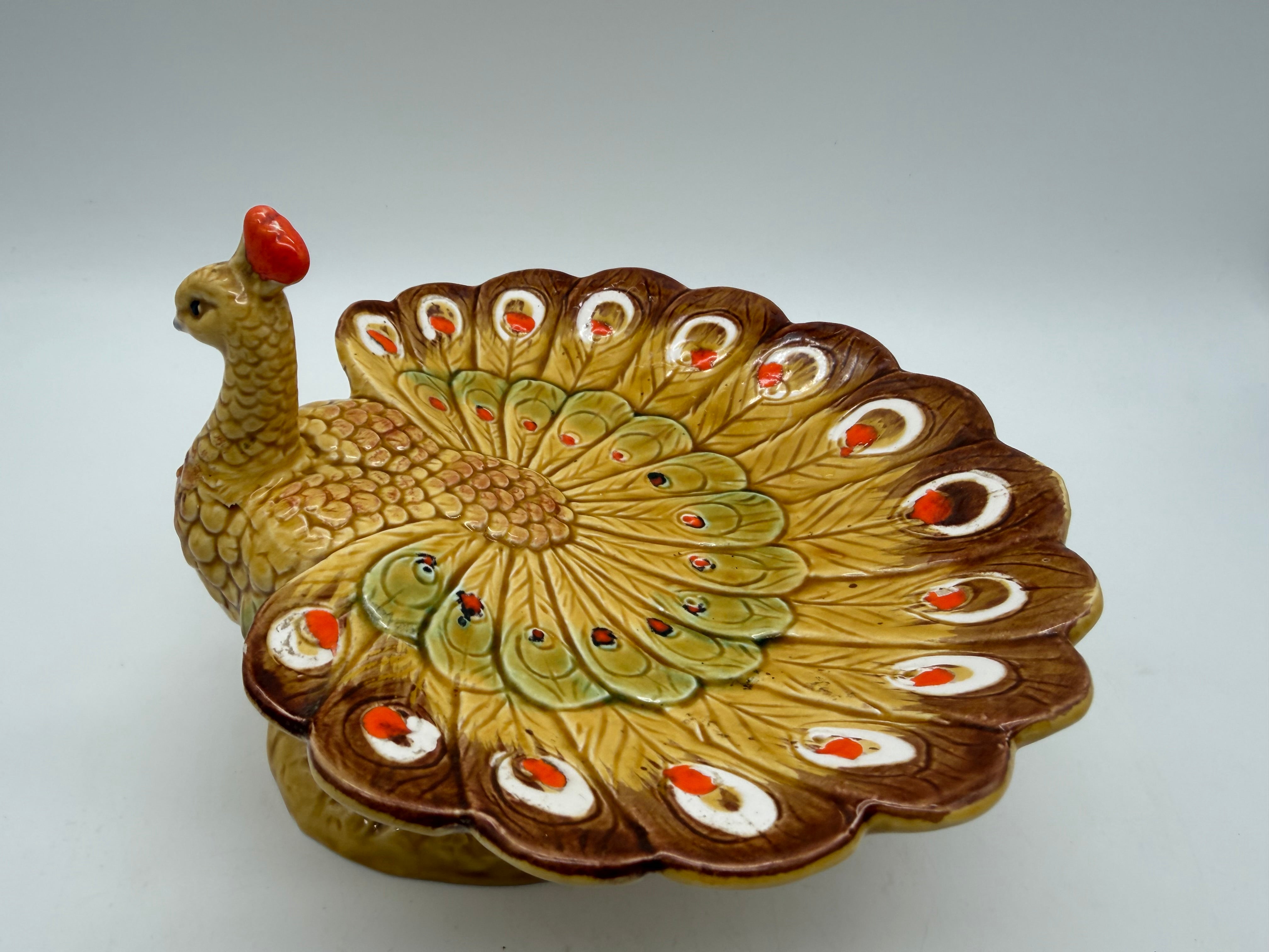 8” Peacock Trinket dish brown yellow orange