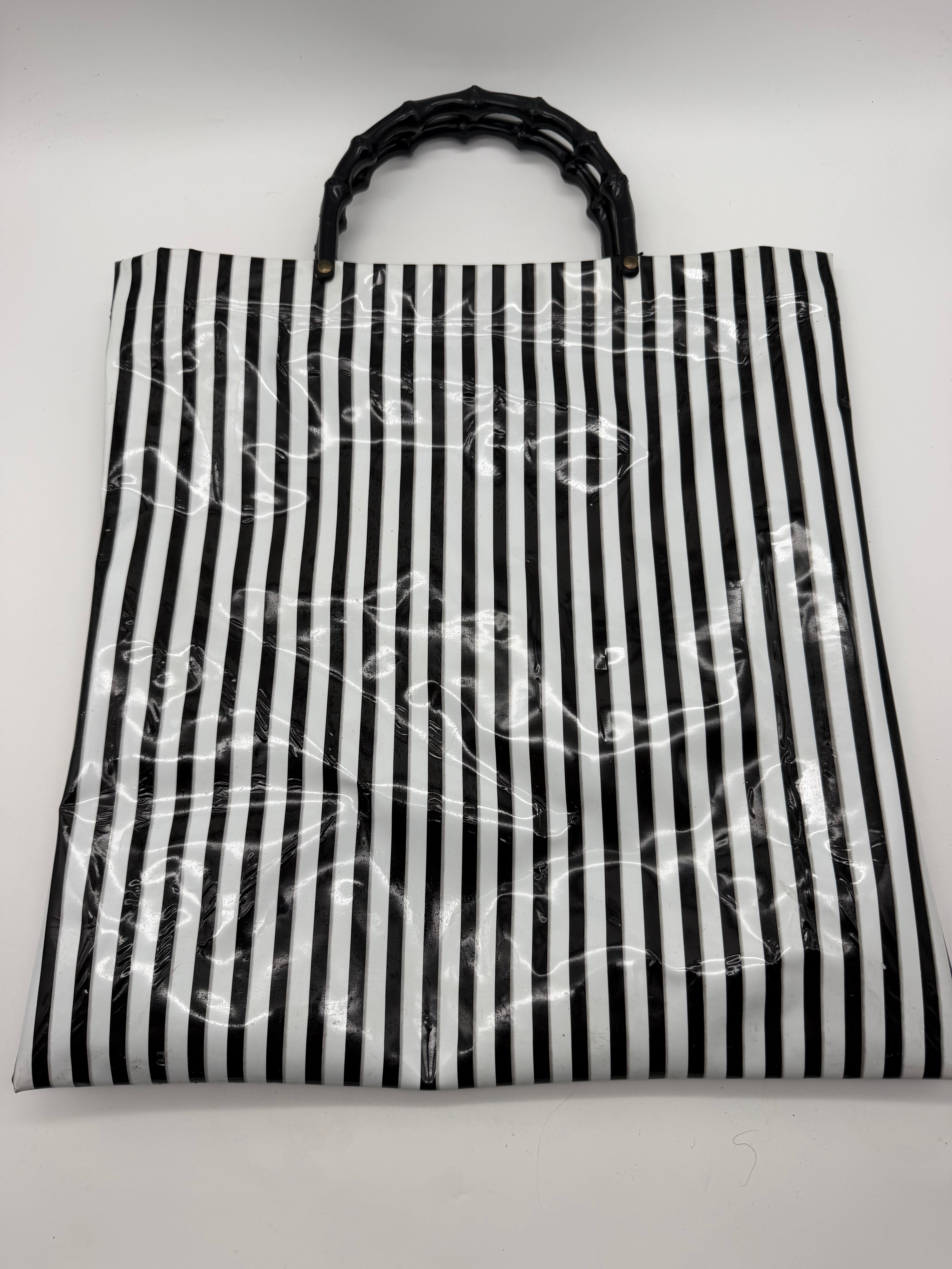 15x16” Vinyl Black white striped tote bamboo handle