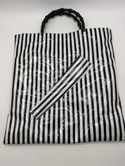 15x16” Vinyl Black white striped tote bamboo handle