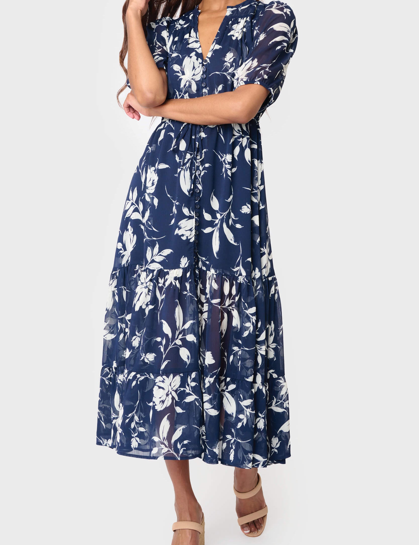 Blue drawstring waist midi dress with puff sleeves and tiered chiffon skirt | JSQ Mercantile – a women’s boutique and gift shop in La Grange, IL.