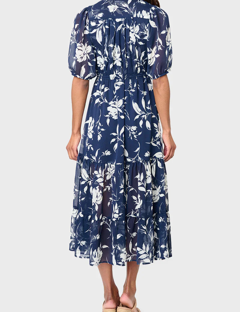 Blue drawstring waist midi dress with puff sleeves and tiered chiffon skirt | JSQ Mercantile – a women’s boutique and gift shop in La Grange, IL.