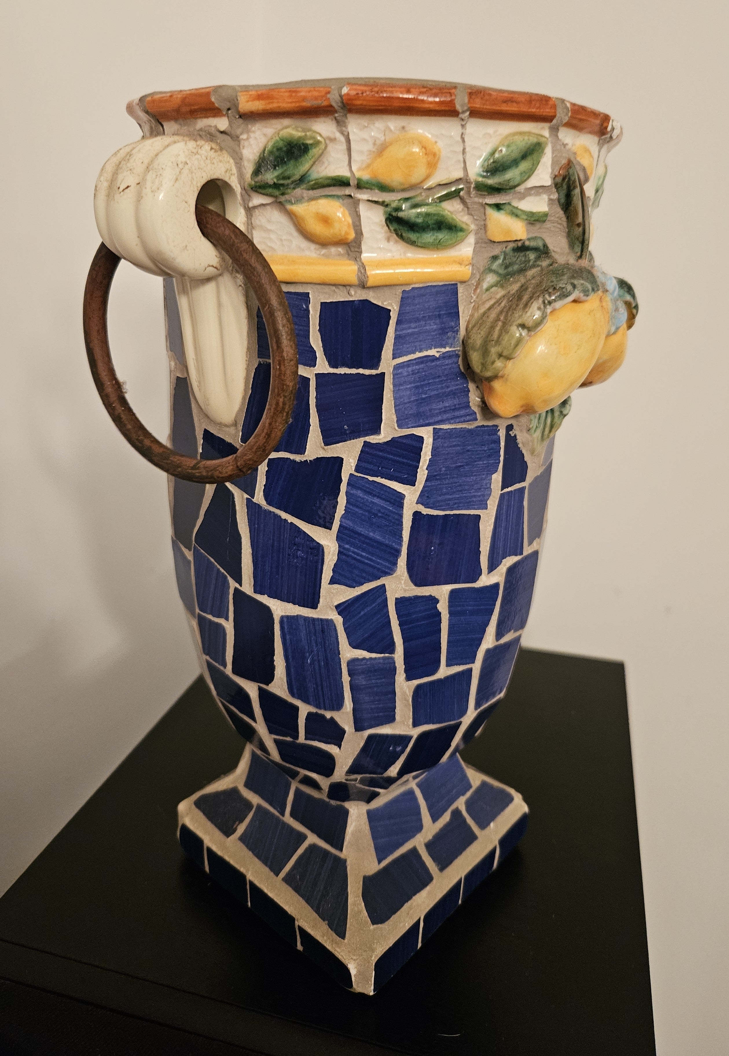 Handcrafted Italian Urn with Blue Tiles & Lemons