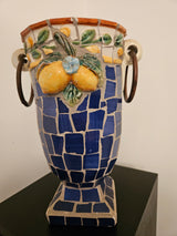 Handcrafted Italian Urn with Blue Tiles & Lemons