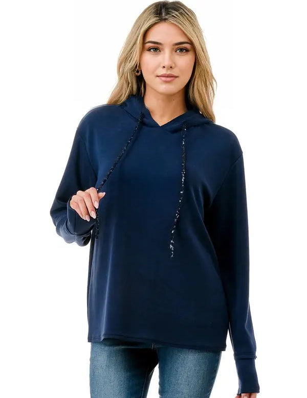 Long Sleeve Hoodie with Sequin Detail on String