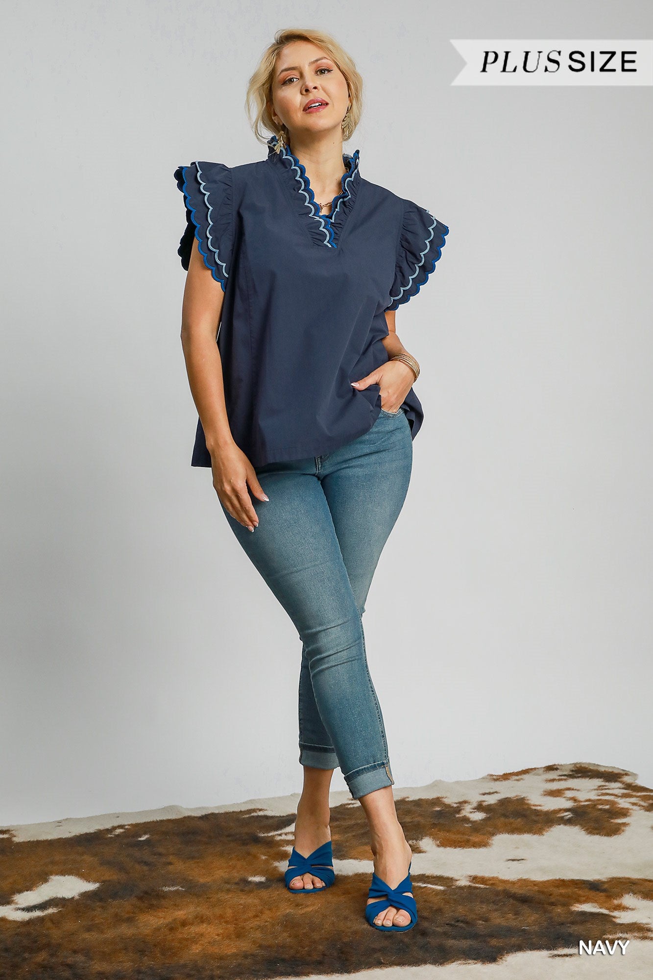 Navy Cotton Scallop Trim Ruffle Sleeve Top - XL