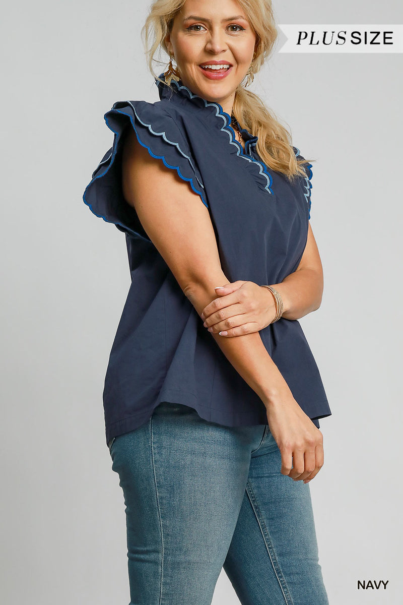 Navy Cotton Scallop Trim Ruffle Sleeve Top - Extra Large — alternate view