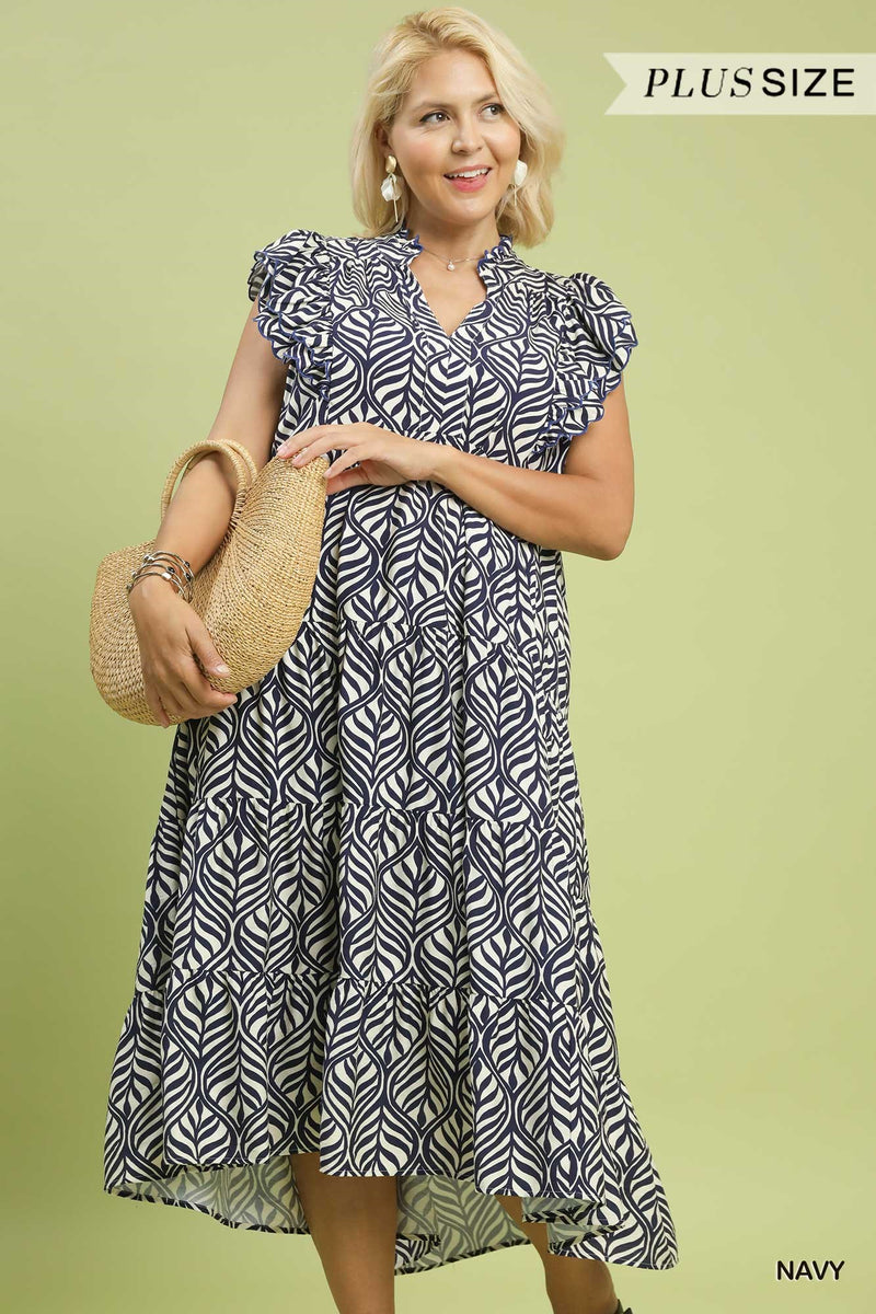 Navy Leaf Print Tiered Midi Dress – Extra Large by 112 - Peony Lane Boutique