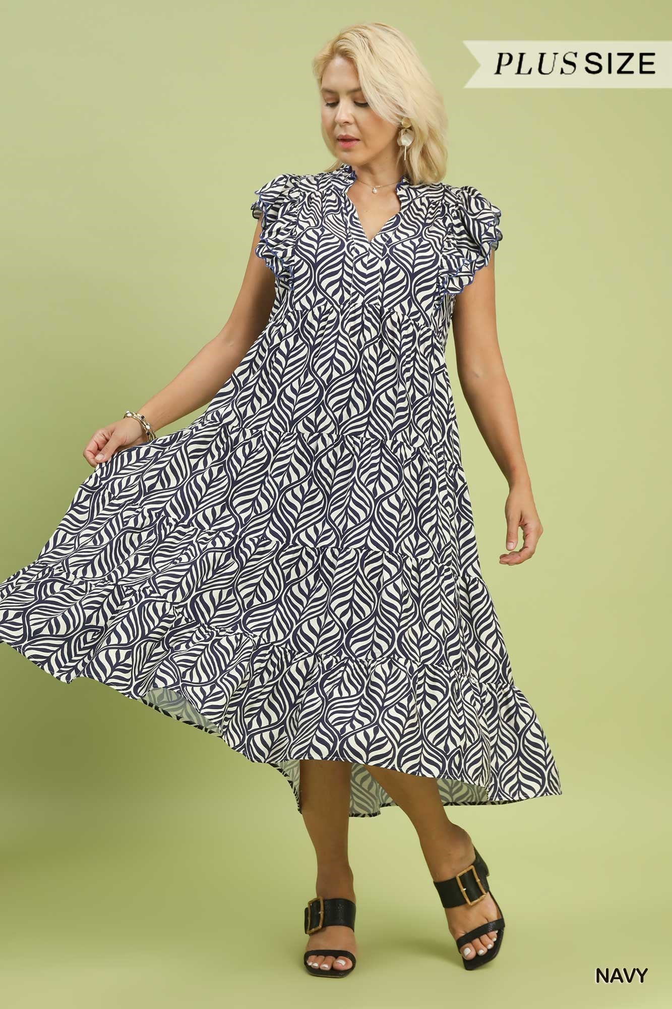 Navy Leaf Print Tiered Midi Dress – 2XLarge