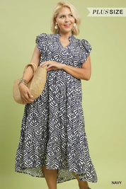 Navy Leaf Print Tiered Midi Dress – 1 XLarge