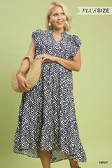 Navy Leaf Print Tiered Midi Dress – 1 XLarge