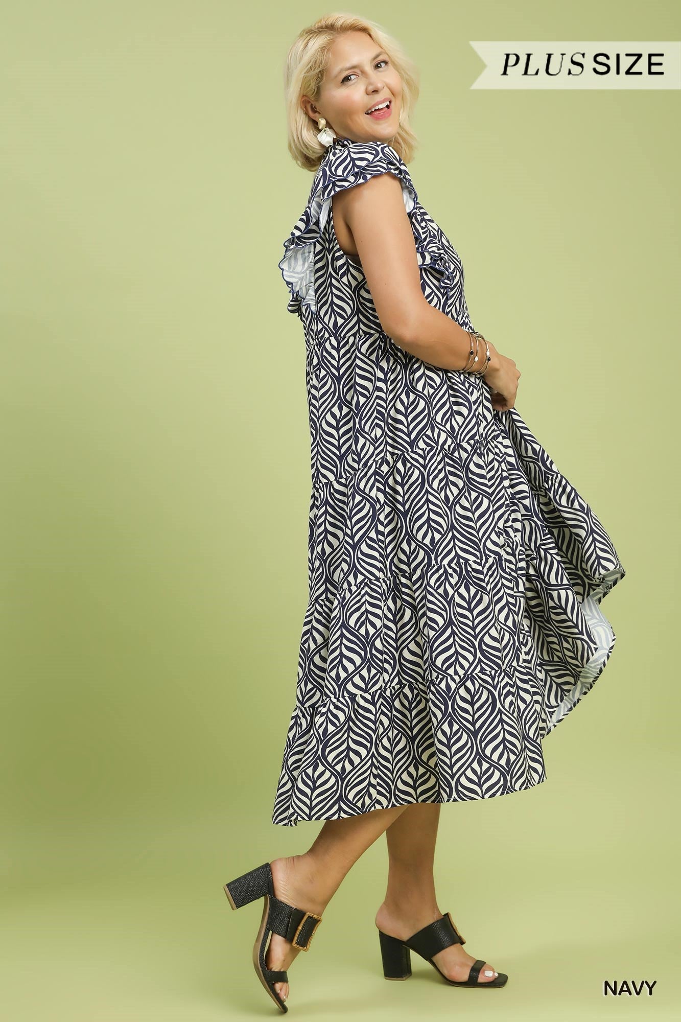 Navy Leaf Print Tiered Midi Dress – 2XLarge