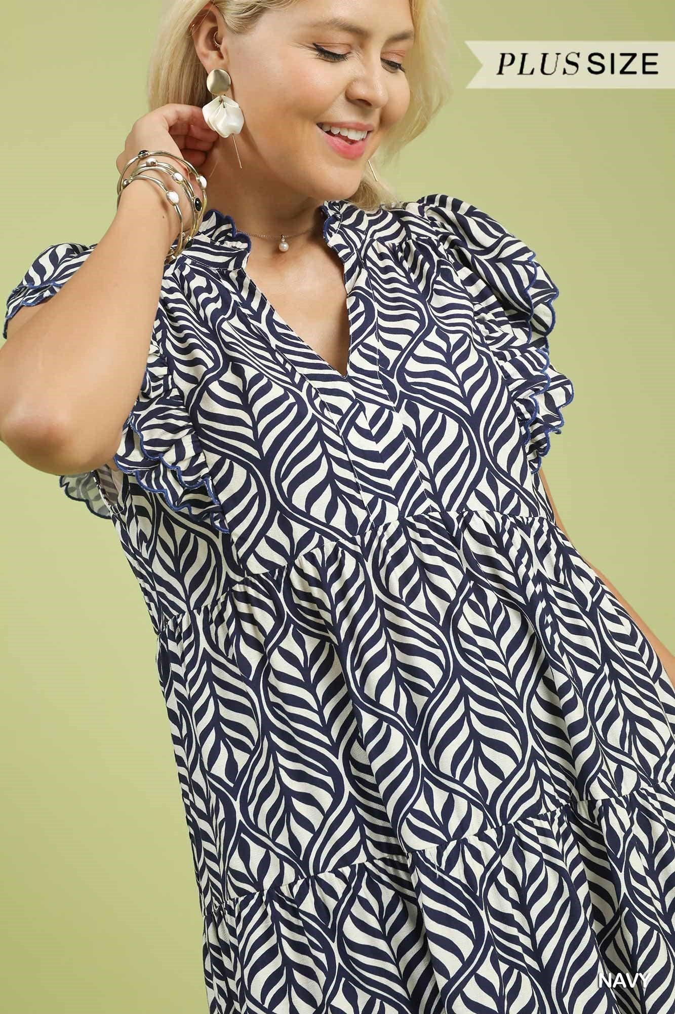 Navy Leaf Print Tiered Midi Dress – 2XLarge