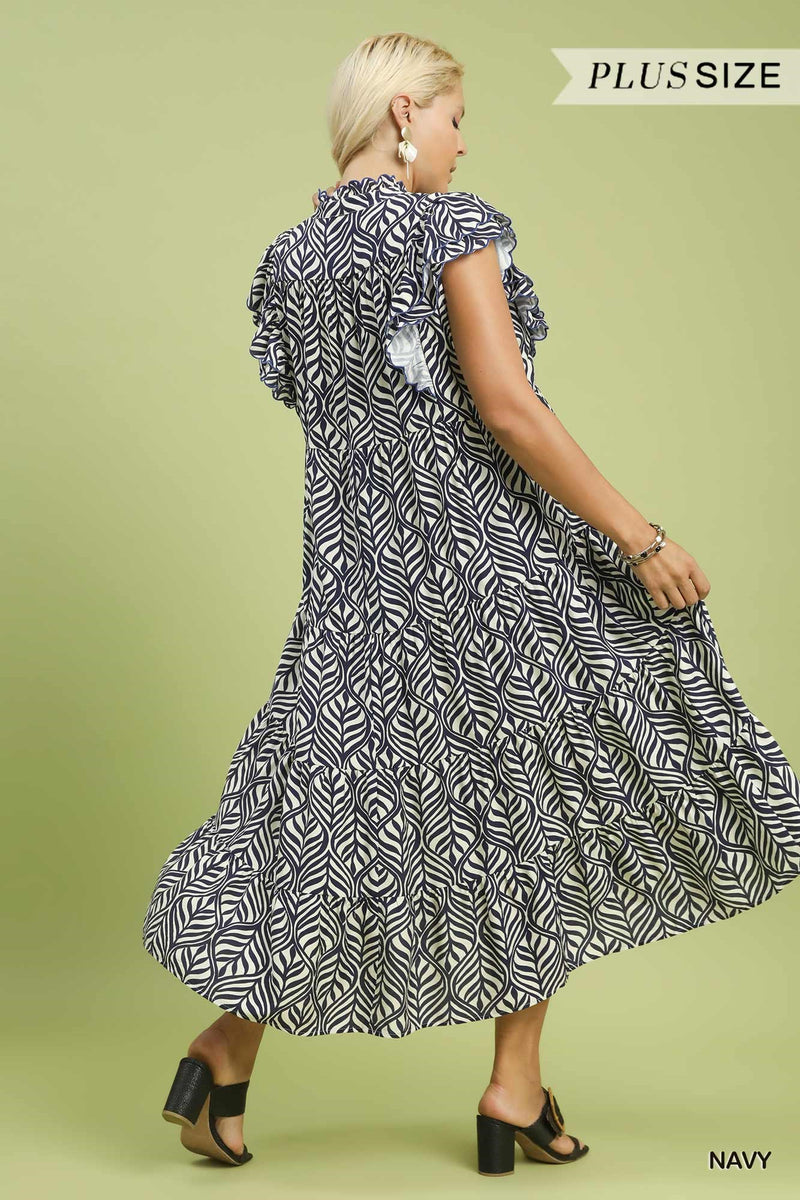 Navy Leaf Print Tiered Midi Dress – 1 XLarge — alternate view