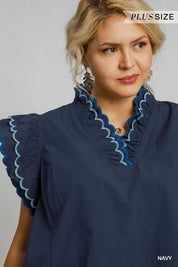 Navy Cotton Scallop Trim Ruffle Sleeve Top - 1XL