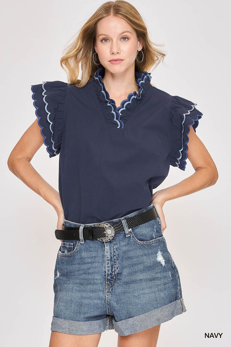 Navy Cotton Scallop Trim Ruffle Sleeve Top - Large by 112 - Peony Lane Boutique