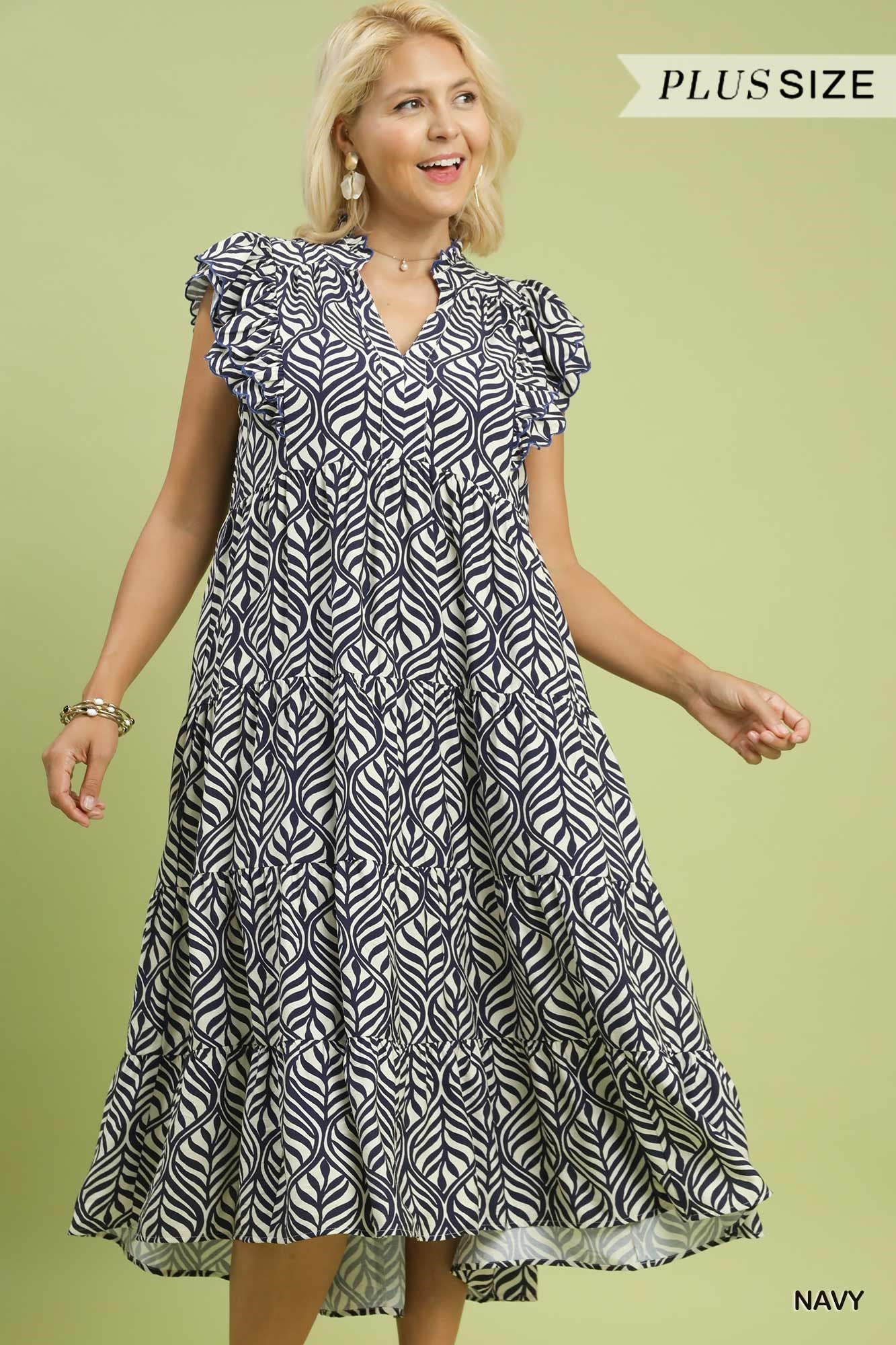 Navy Leaf Print Tiered Midi Dress – Available in Plus Size!