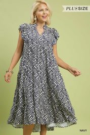 Navy Leaf Print Tiered Midi Dress – Available in Plus Size!