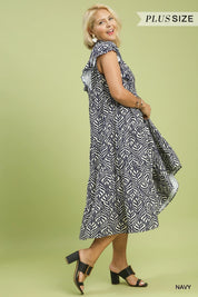 Navy Leaf Print Tiered Midi Dress – Available in Plus Size!