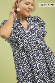Navy Leaf Print Tiered Midi Dress – Available in Plus Size!