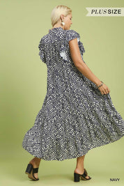 Navy Leaf Print Tiered Midi Dress – Available in Plus Size!