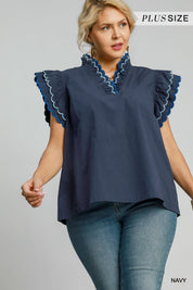 Navy Cotton Scallop Trim Ruffle Sleeve Top – Available in Plus Size!