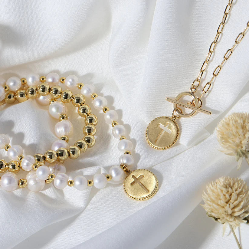 Freshwater Pearl Bracelet with Gold Plated Cross