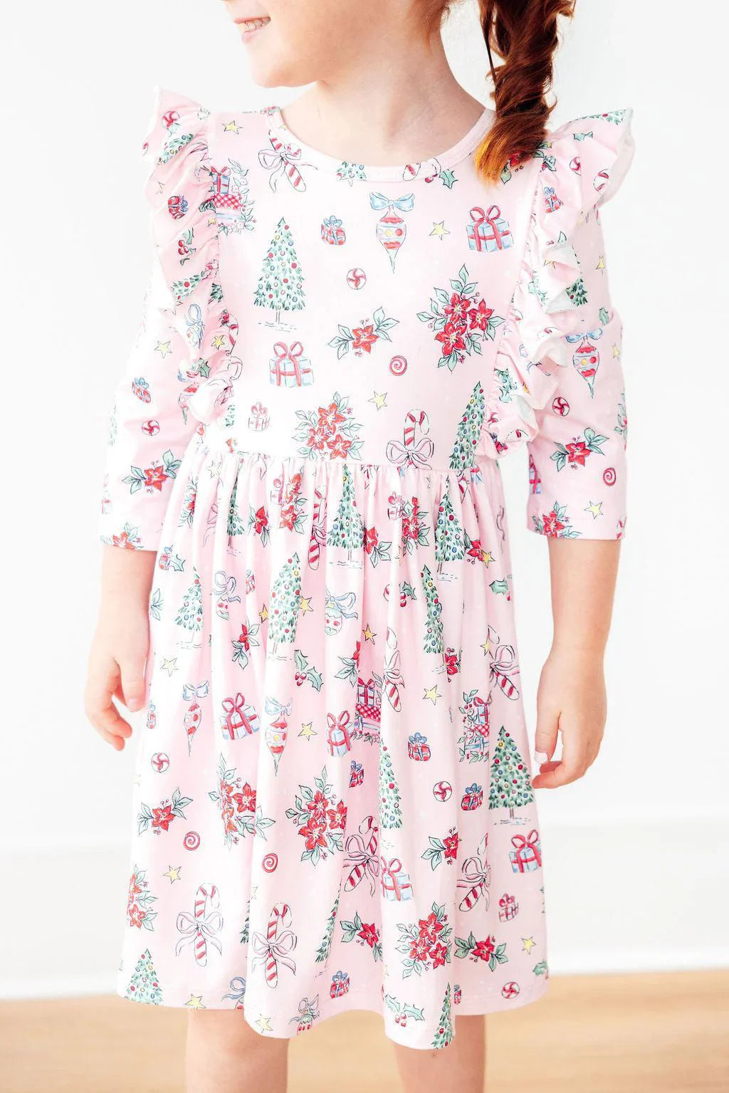 Pink Christmas 3/4 Sleeve Ruffle Twirl Dress