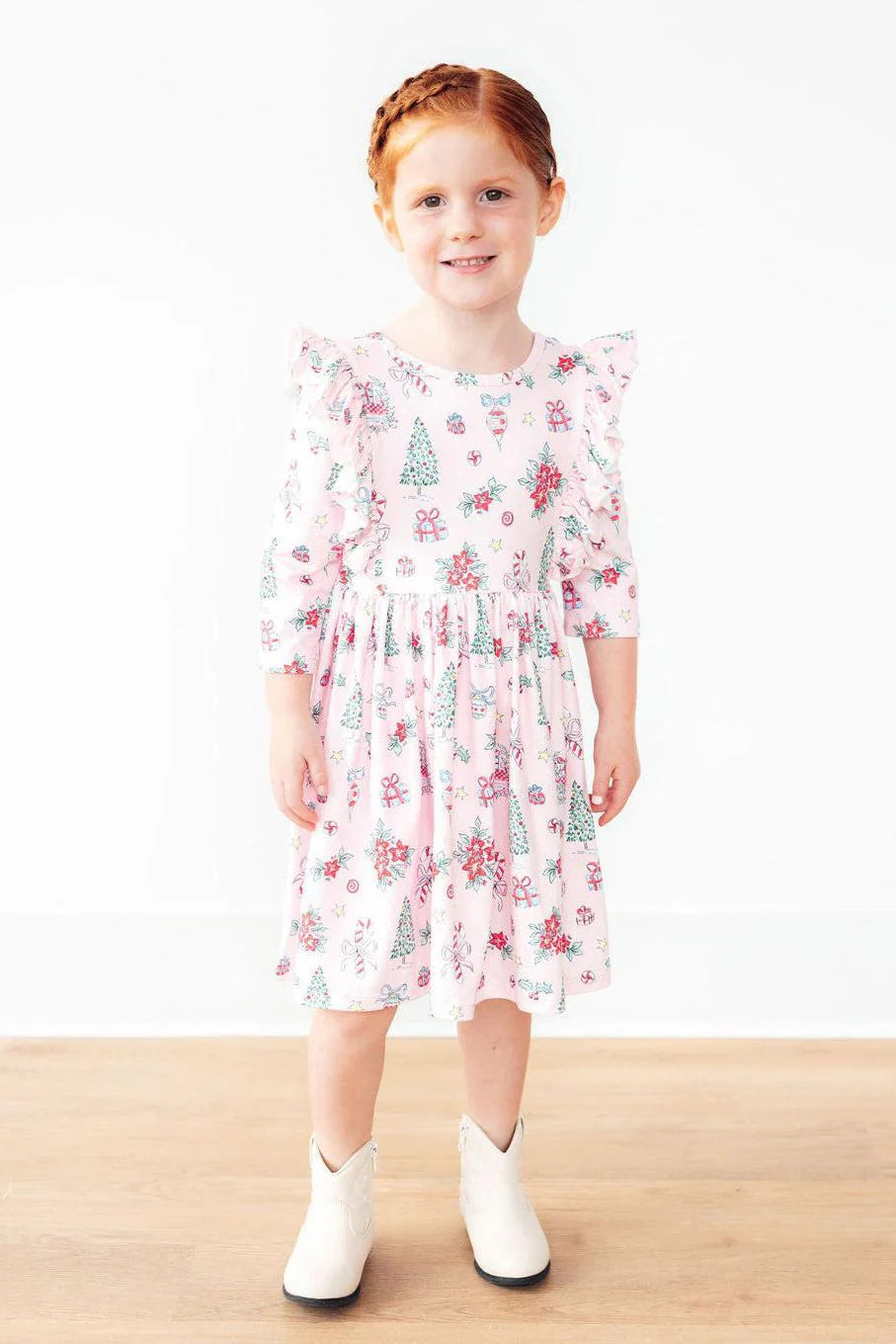 Pink Christmas 3/4 Sleeve Ruffle Twirl Dress