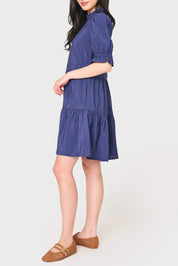 The Everyday Elevated: Navy Puff Sleeve Tiered Dress with Pockets