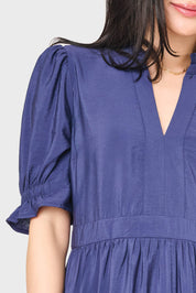 The Everyday Elevated: Navy Puff Sleeve Tiered Dress with Pockets