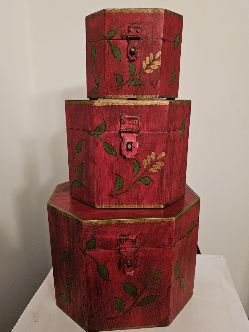 Vintage Wooden Nesting Boxes, Red with Flowers SET OF 3